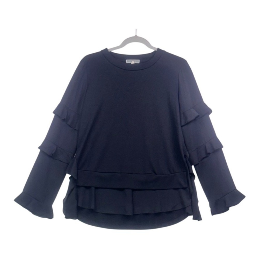 Pleione by Anthropologie Black Tiered Ruffle Sleeve Blouse Top Size S